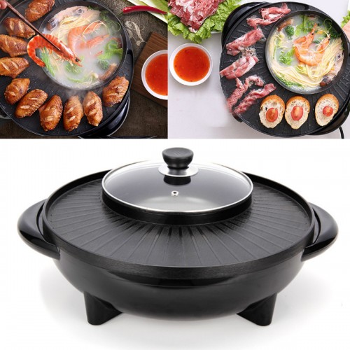 1200W Electric 2in1 Barbecue Smokeless And Hotpot Cooking Pot Non-Stick Grill BBQ Grill Pan