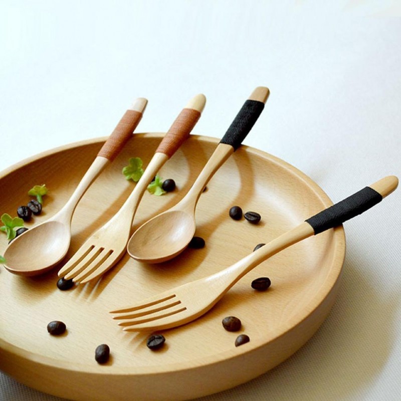 Wood 2 Pcs Spoon And Fork Dinnerware Sets Flatware...